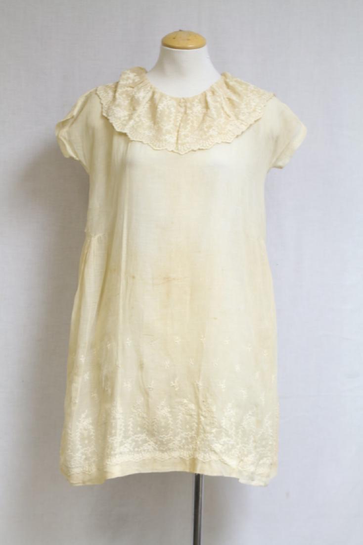 Vintage 1920s Girls Embroidered Dress: embroidered batiste cotton fabric, overall yellowing and some light spots and pin holes, see photos. 40 bust/32 length