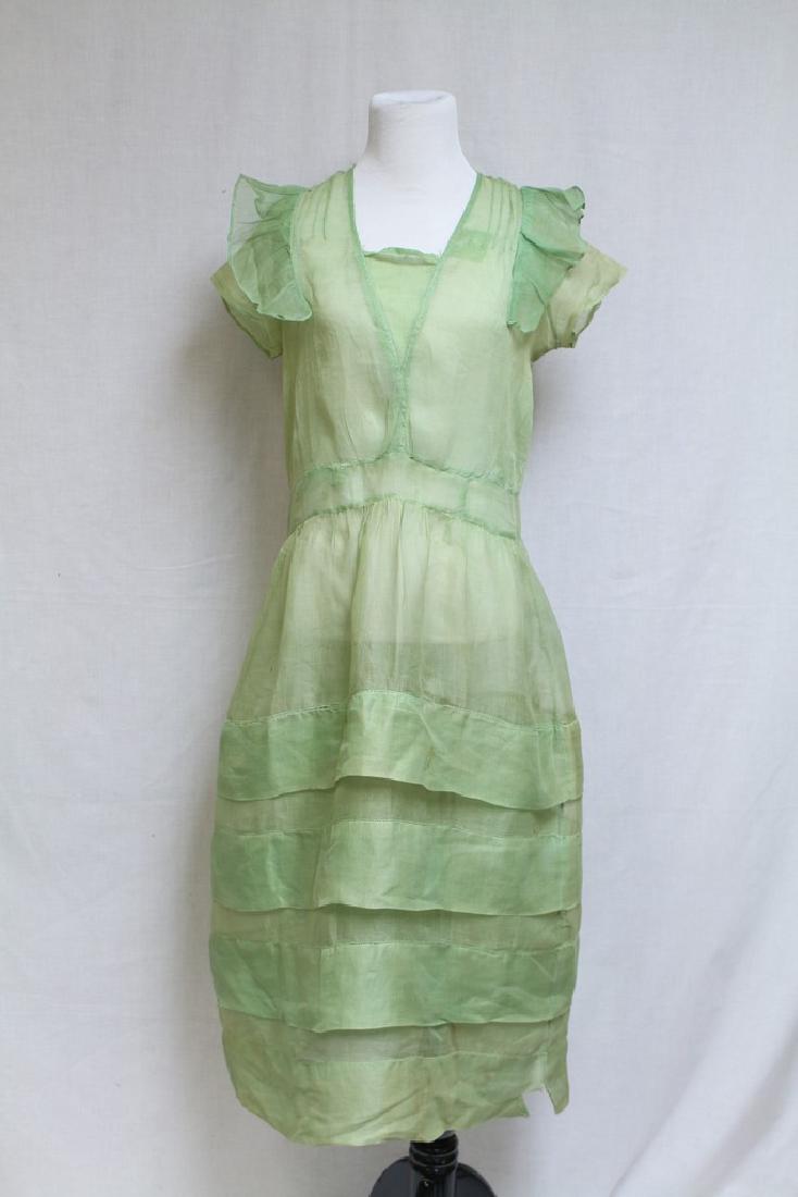 Vintage 1920s Green Organdy Dress: organdy fabric, fair/as-is condition - several rips & holes, scattered spotting and small open seams. See photos. 40 bust/47 length