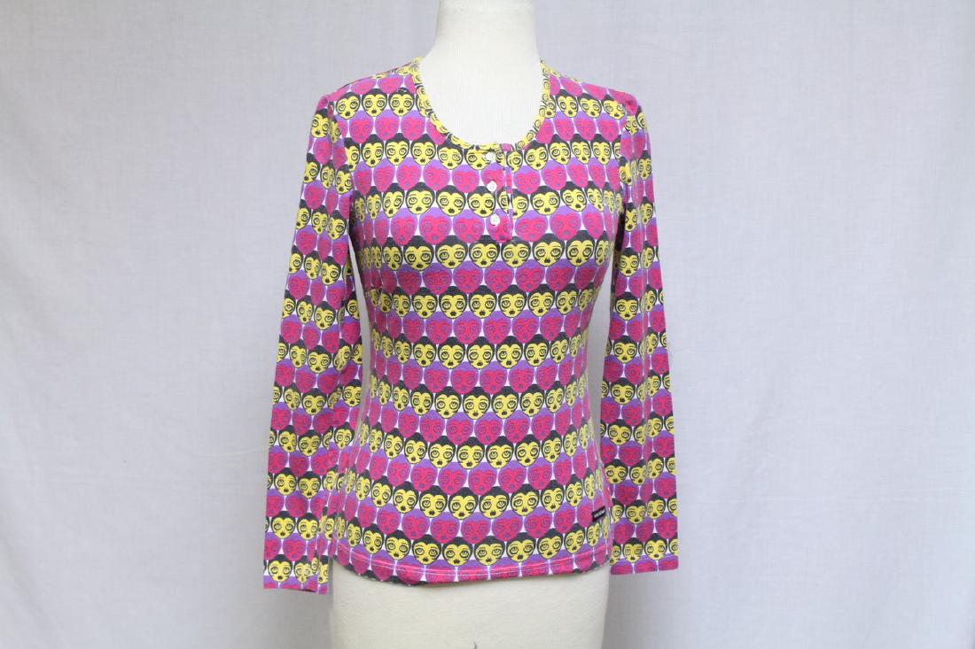 Vintage 2000s Anna Sui Dolly Girl Print Shirt: stretchy cotton blend fabric, great condition - 34-36 bust/20 length