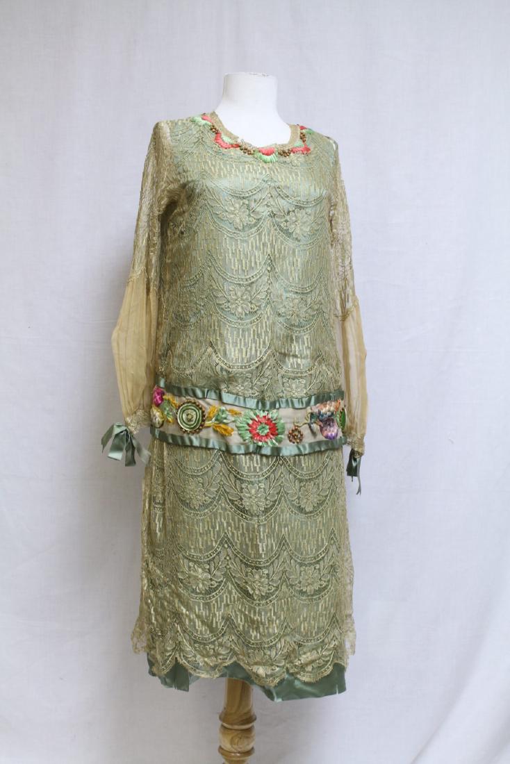 Vintage 1920s Embroidered Lace & Silk Dress: silk lace and silk lining, fair/as-is condition - green silk lining is shattering, small rip at shoulder, see photos. Bust 40/length 39