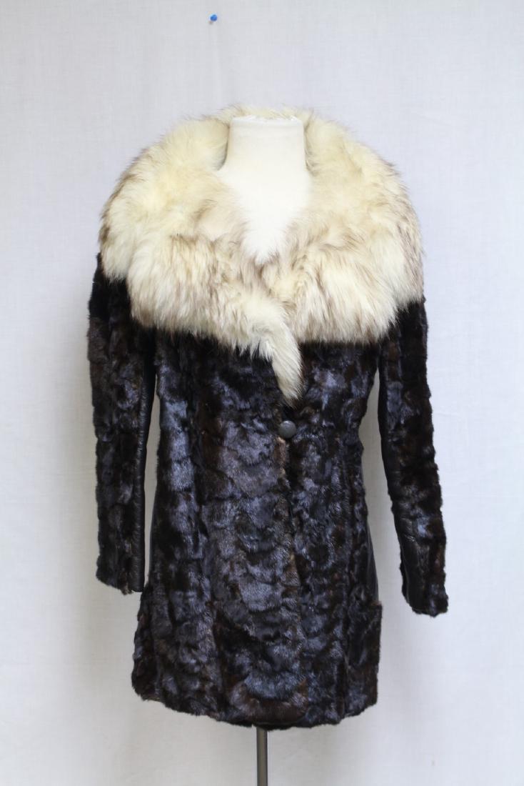 Vintage 1960s Oleg Cassini Fur Coat: brown fur, fox fur and leather fabrics, fully lined, Great condition - one button loop is damaged, see photo. 38 bust/33 length