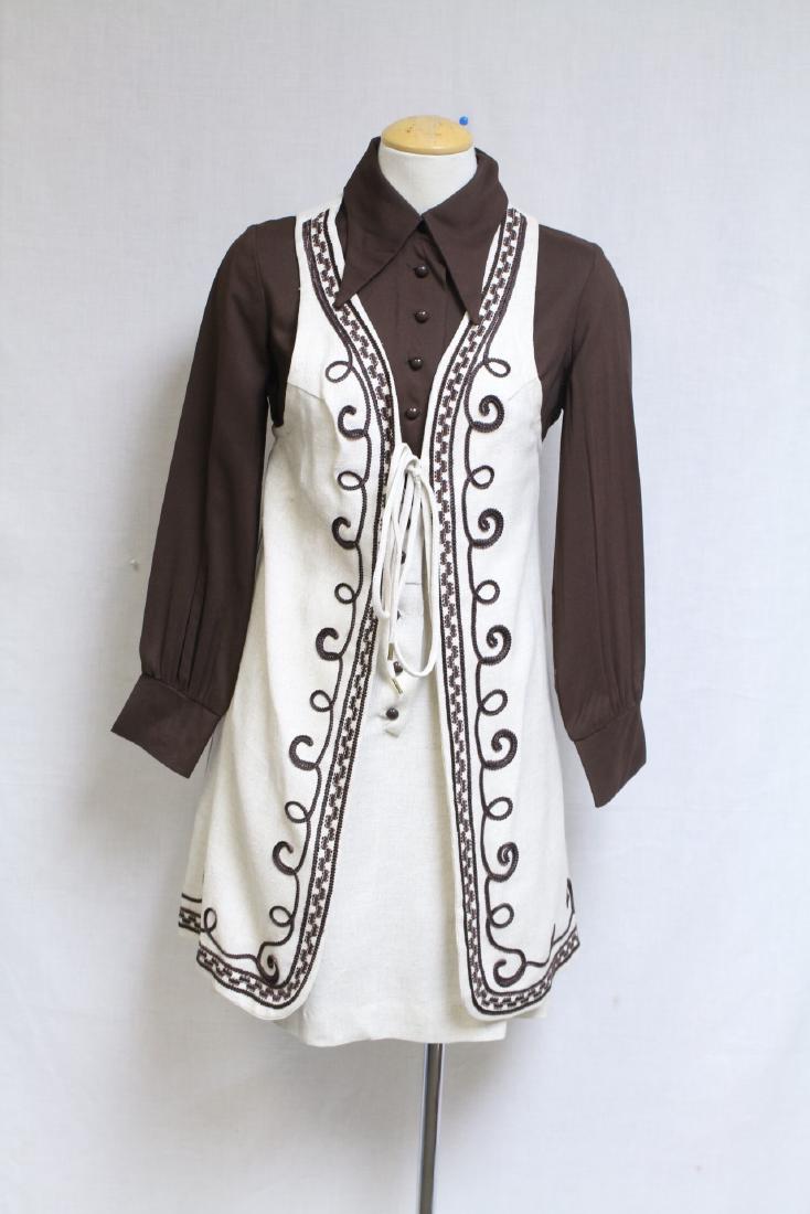 Vintage 1970s Brown & Beige Skirt with Vest: rayon linen fabric, great condition - 34 bust/26 waist