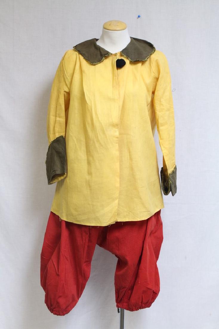 Vintage 1920s Clown Costume: cotton fabric, fair condition - elastic drawstring waist is damaged, open under arm seams. A few small holes, see photos. Free size waist bottoms/28 length/44 bust/29 length
