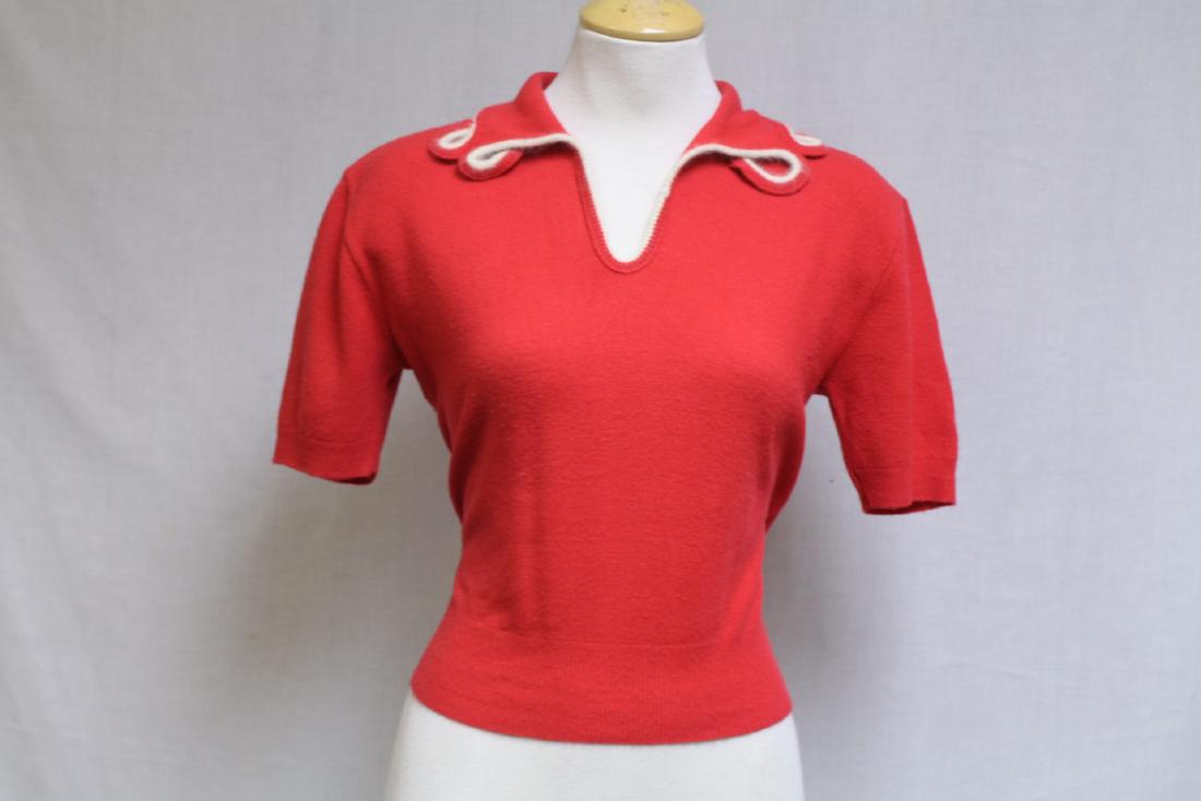 Vintage 1960s Red Knit Sweater: acrylic knit fabric, good condition - minor pilling, collar loop attached with pin. See photos. Bust 38/length 18