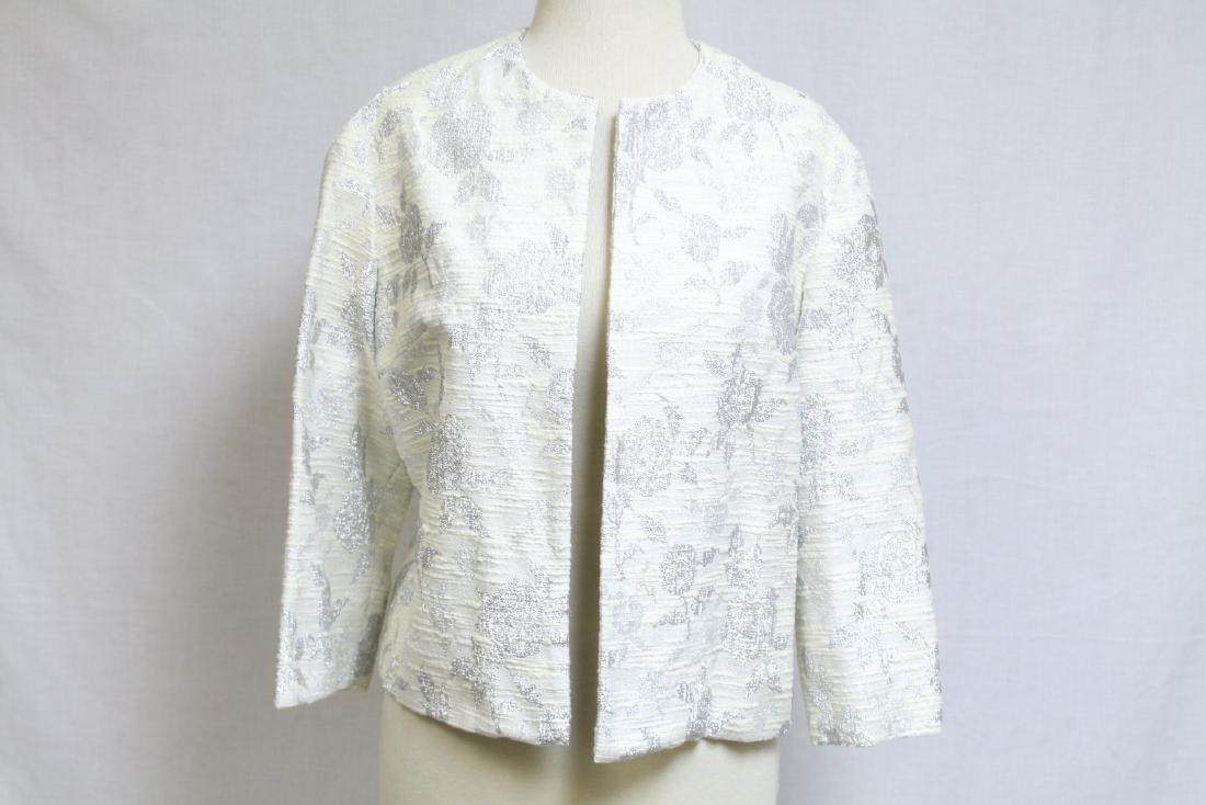 Vintage 1960s Silver & White Floral Jacket: rayon fabric, fully lined, good condition - 38 bust/20 length