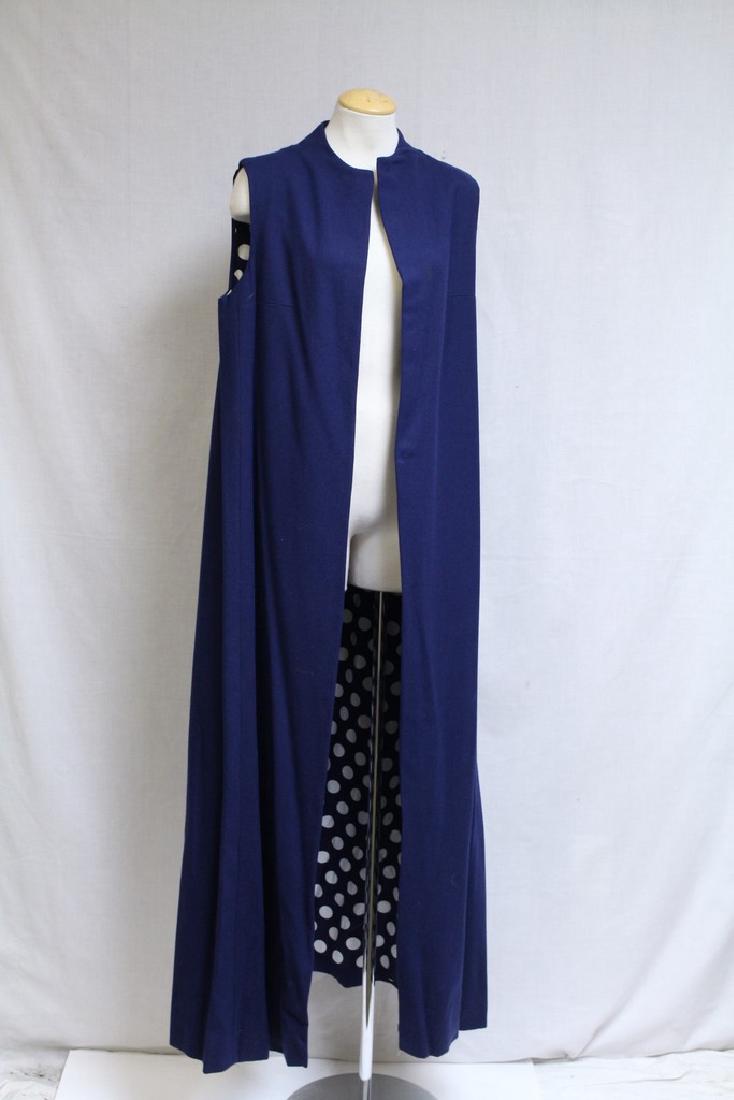 Vintage 1970s Navy Blue & Polka Dot Duster Vest: wool fabric, cotton lined, good/fair condition - small spot near bust, see photo. 44 bust/58 length