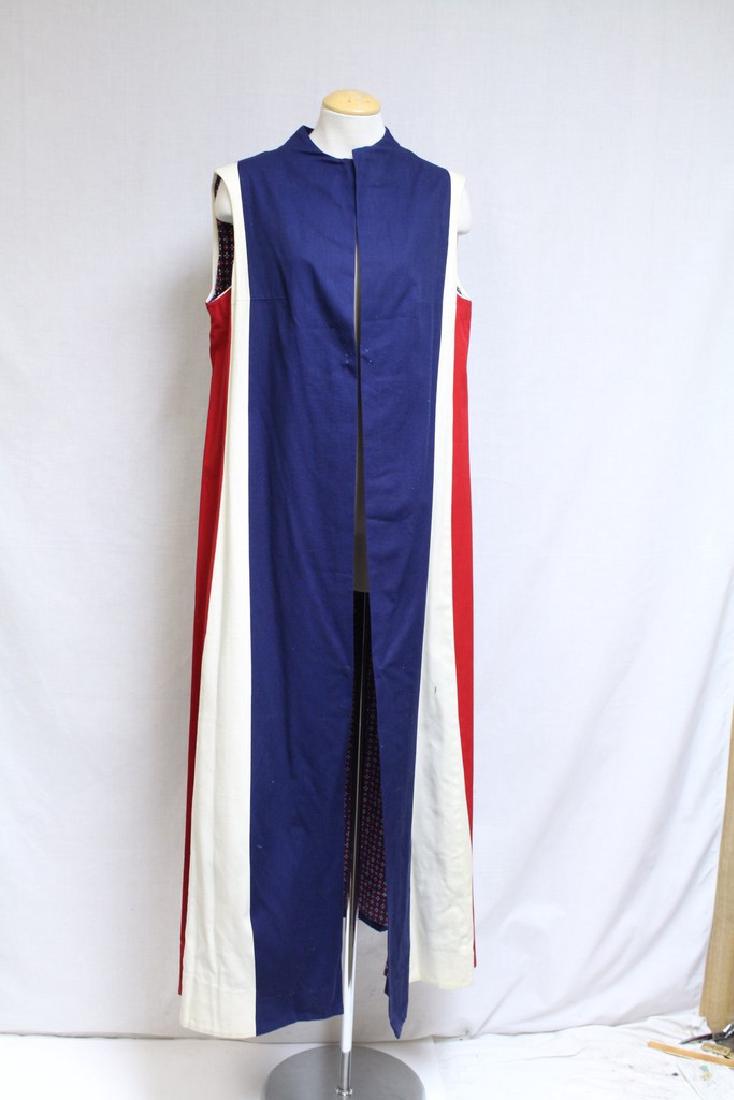 Vintage 1970's Red/White/Blue Duster Vest: cotton blend fabric, fully lined, good condition - a few white marks, pale/small yellow spots, see photos. 44 bust/57 length
