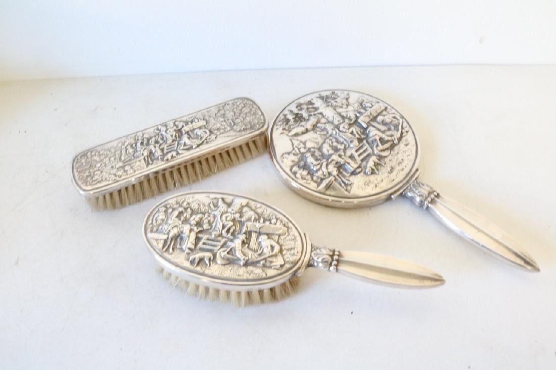 Denmark Repousse Silver 2 Brush & Mirror: Marked with whale or fish