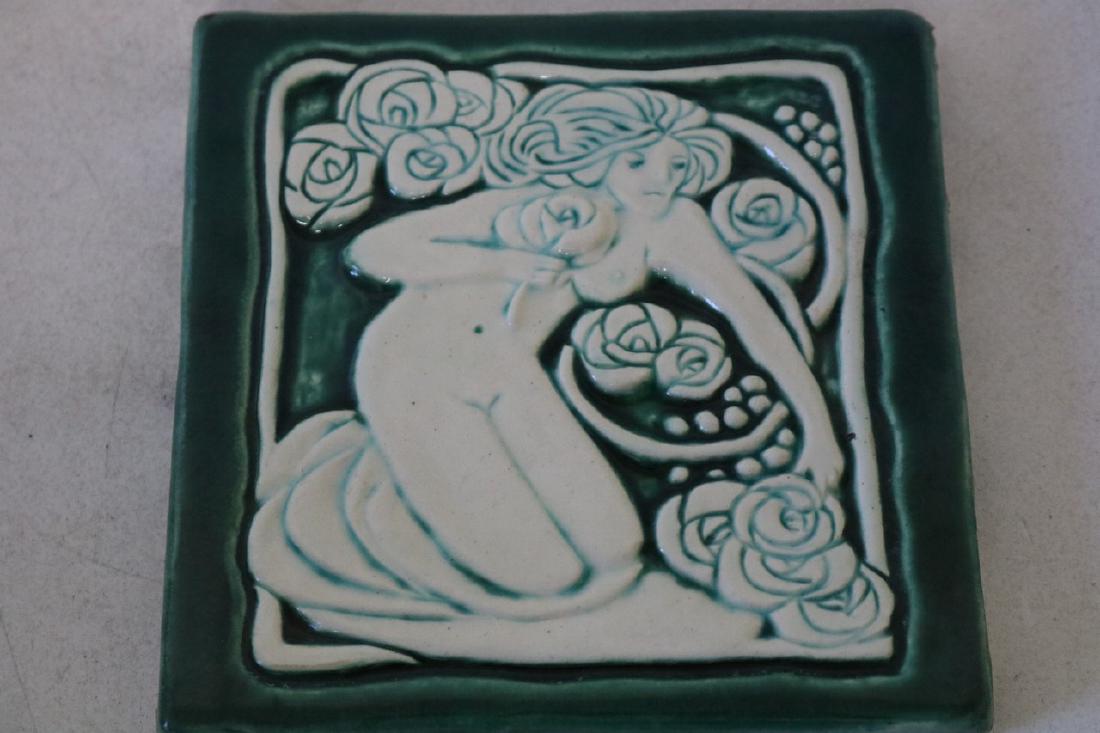 Antique Porcelian Tile, Relief, Woman Nude: Handpainted, approx. 5 3/4" square, Nude woman kneeling with flowers