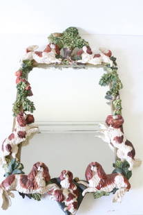 Cavalier King Charles Spaniel Club Mirror: Hand carved resin and hand painted by Eva Pearce, small repair to one of the dog tails (see photos), approx. 27 x 18"