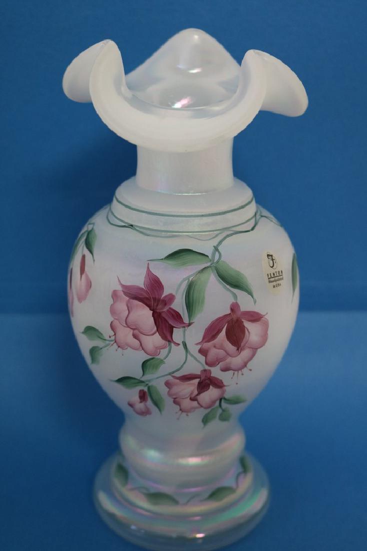 Fenton iridescent white hand painted vase