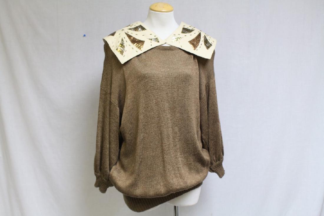 Vintage 1980's Ingrid Muhlhofer Oversized Sweater: silk blend knit fabric, removable leather & reptile collar. Great condition, 42 bust/29 length - has stretch
