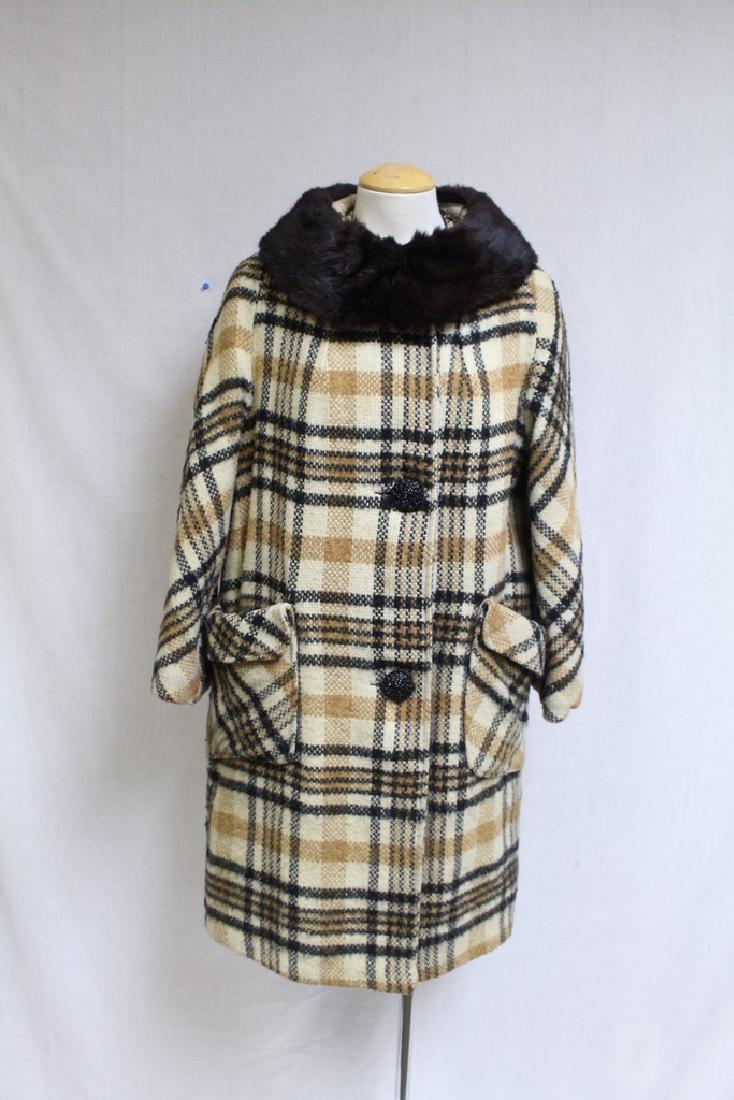 Vintage 1960s Plaid Wool Coat with Fur Collar (1 of 3)
