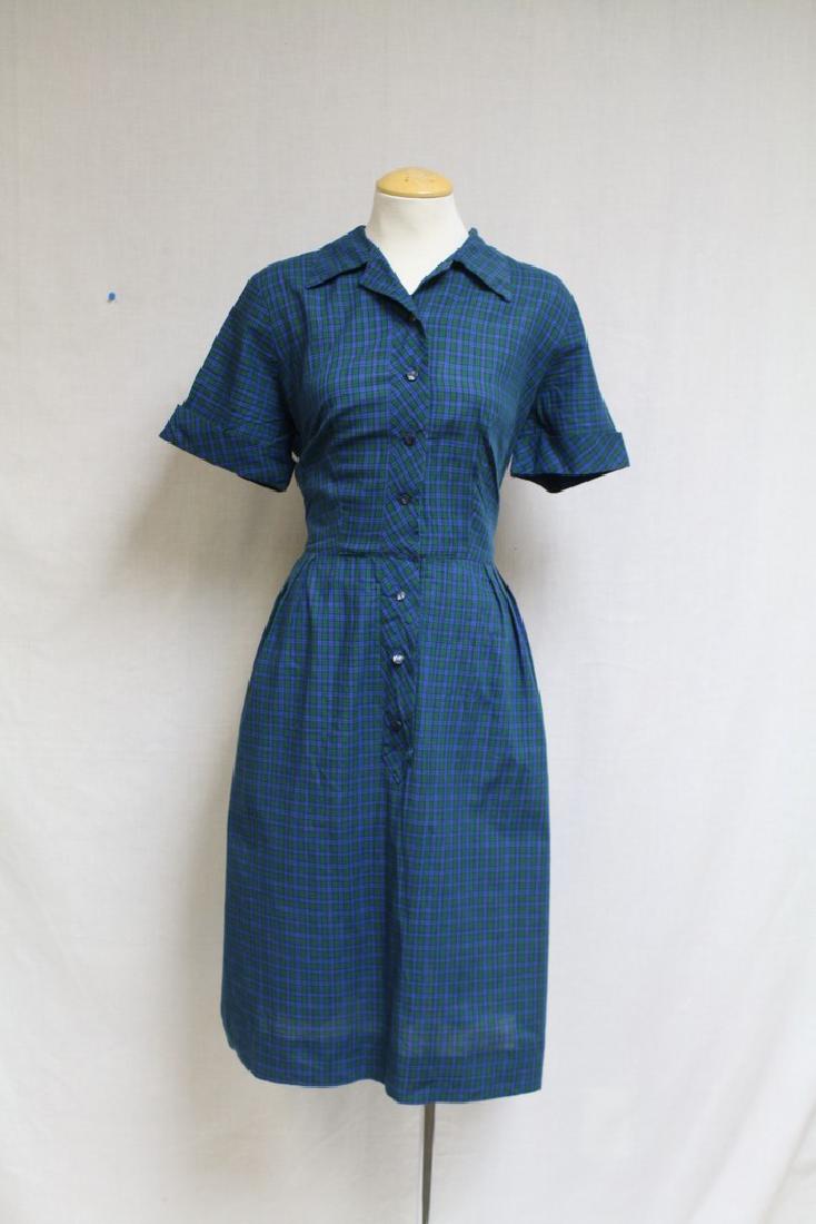Vintage 1960s Blue & Green Plaid Dress: cotton blend fabric, good condition - small mend at waist, see photo. 40 bust/32 waist