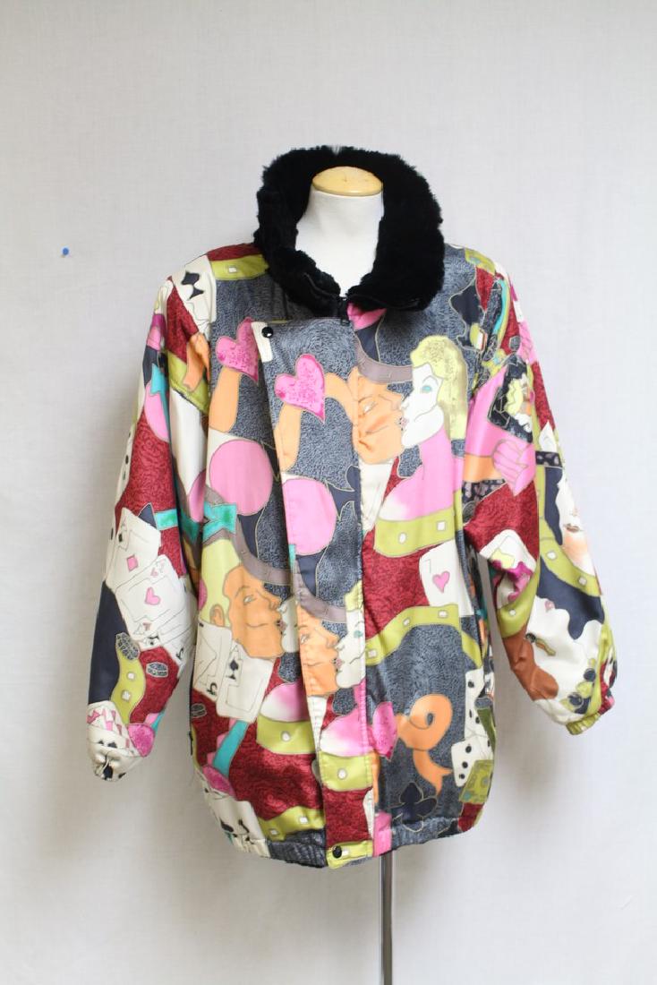Vintage 1980s Surrealist Print Silk Fur Lined Jacket (1 of 5)
