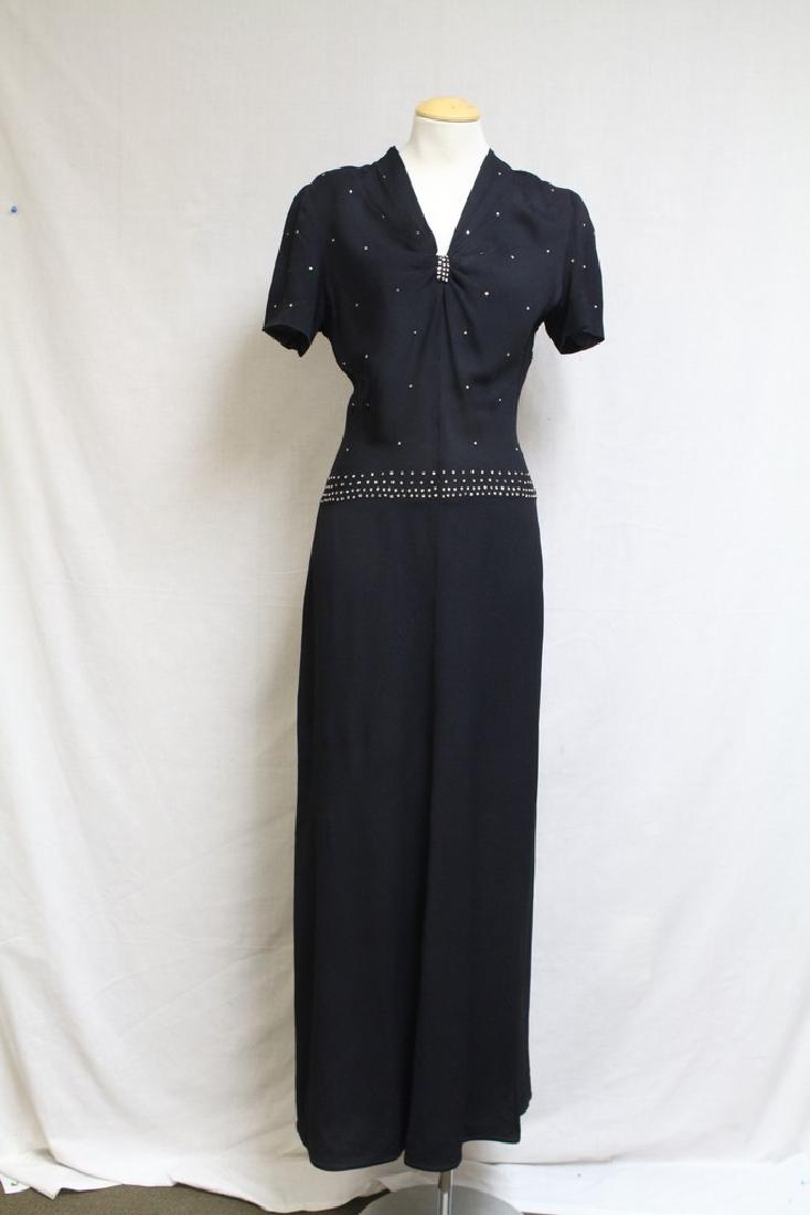 Vintage 1940s Black Rhinestone Evening Dress: rayon crepe fabric, good condition - a few very small/well done repairs under the arms and a few small open seams, see photos. 38 bust/30 waist