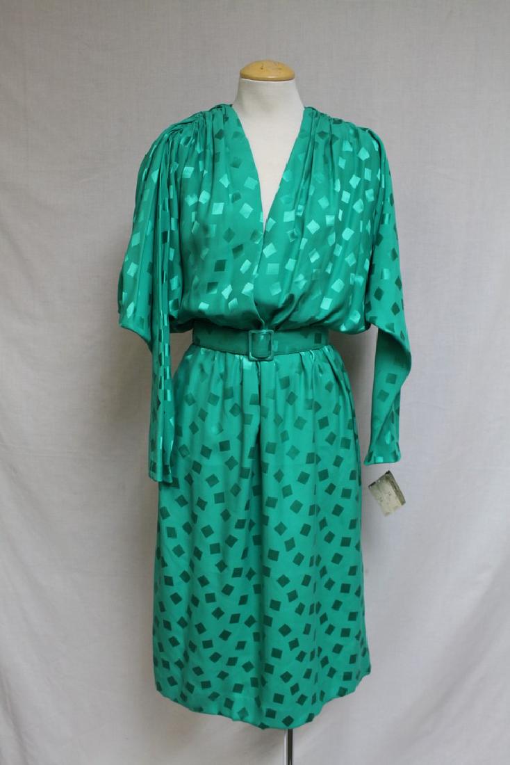 Vintage 1980s Albert Capraro Green Silk Dress: silk fabric, great condition, original tags attached - one small mark on the sleeve, see photo. 40 bust/28 waist