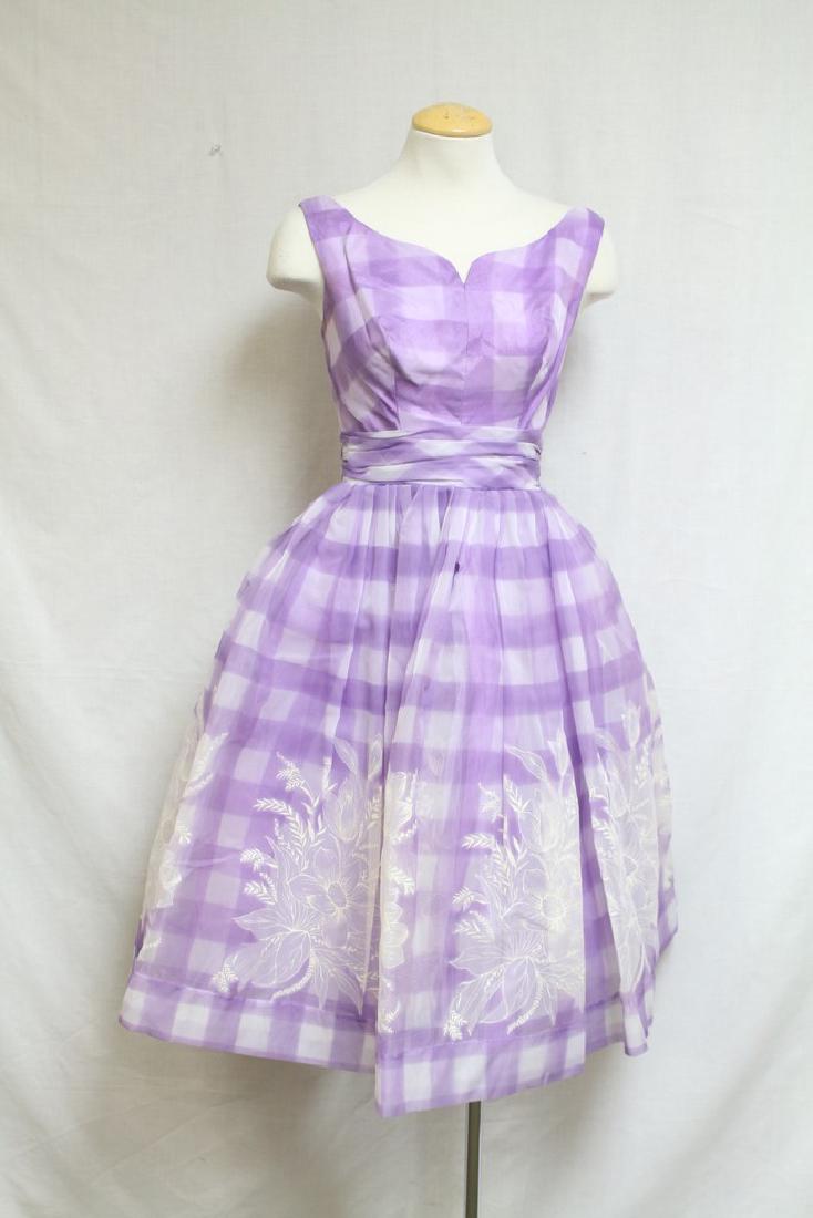 Vintage 1960s Purple Gingham Party Dress: nylon chiffon fabric, good/fair condition - a few light spots and a small hole near the waist, see photos. 31 bust/23 waist