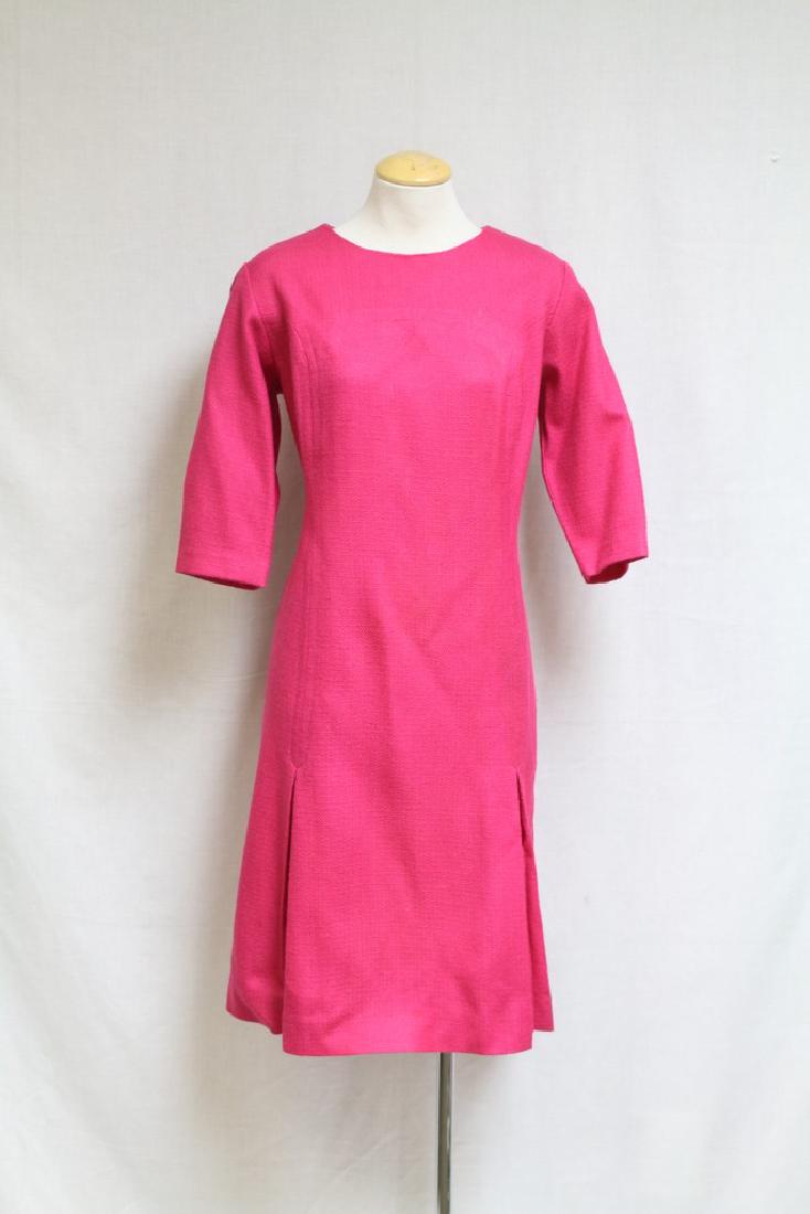 Vintage 1960s Hot Pink Shift Dress: woven acrylic knit fabric, good/fair condition - light spots on bodice, see photos. 40 bust/40 length