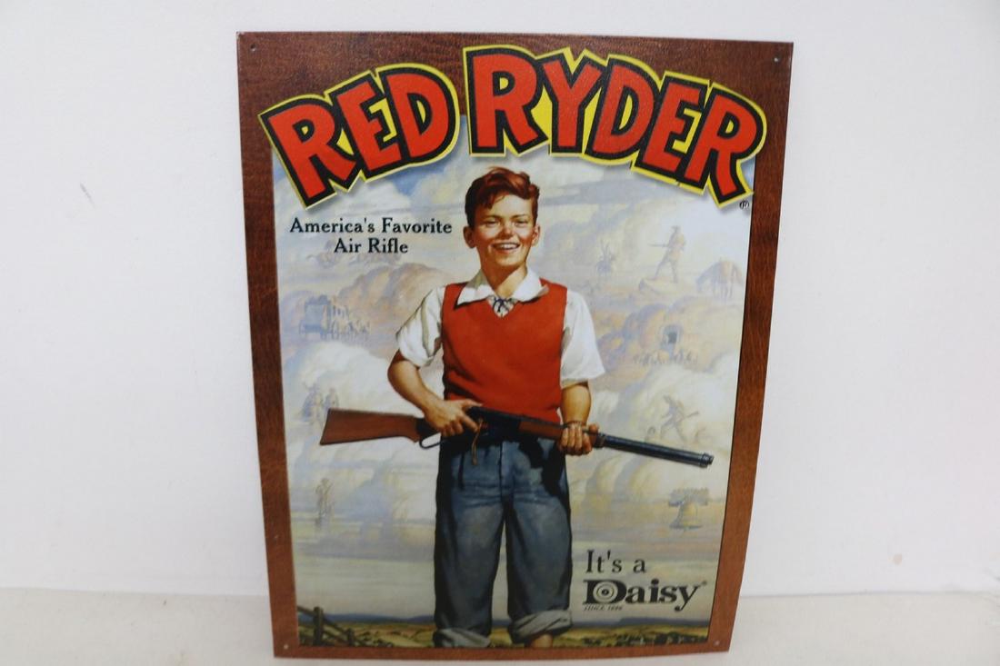 Daisy Red Rider advertising sign: tin repro sign, 16 x 12 1/2