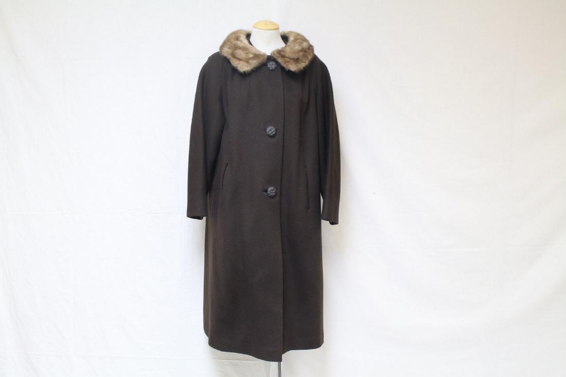 Vintage 1960s Brown Wool & Mink Coat: wool, mink fur and satin lining fabrics, great condition - 45 bust/42 length