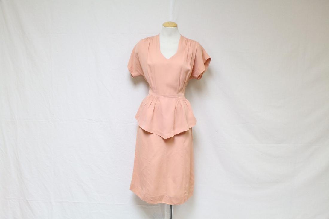 Vintage 1940s Peach Rayon Peplum Dress: rayon fabric, good condition - a few very light spots on the skirt with one small mend, see photos. 36 bust/27 waist