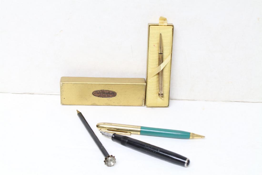 Vintage Lot of Writing Pens and Pencils: 1 - blue/gold Wearever retractable pencil, 1 - Esterbrook calligraphy pen (missing cap), 1 - rhinestone top pen, 1 - Pencils by Cross retractable pencil with original box.