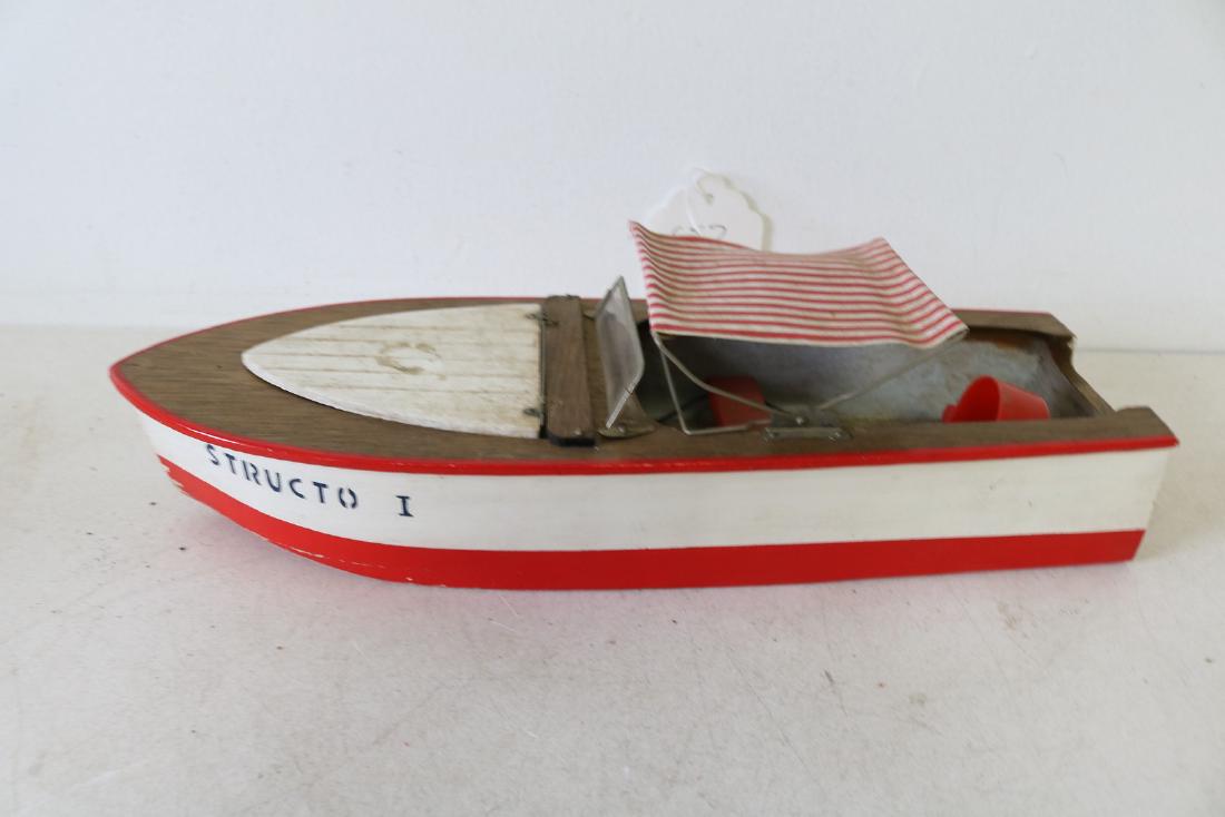 Vintage Wooden Toy Boat, "Structo I, Free Port": all original wooden battery operated boat, great condition, small nail missing from front hood hinge, see photo's for battery compartment.