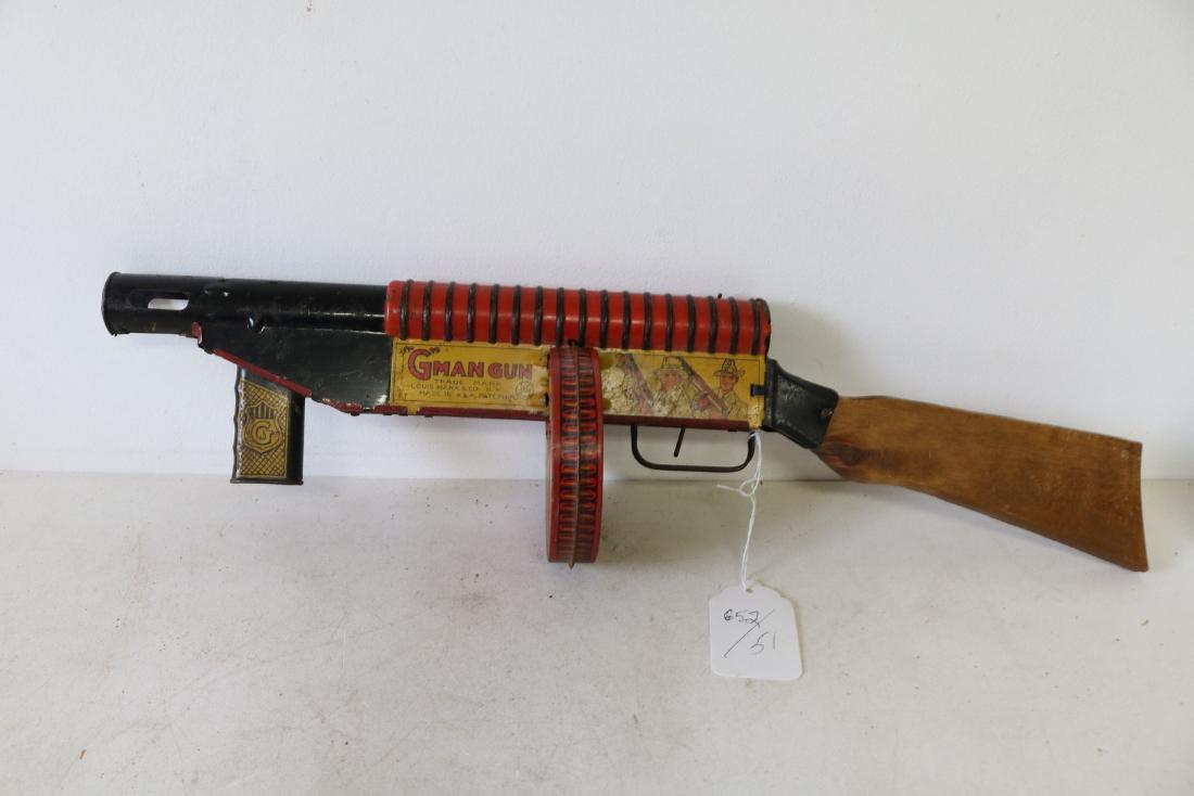 Marx "G" Man Gun, Tin Toy: Great Graphics, working condition