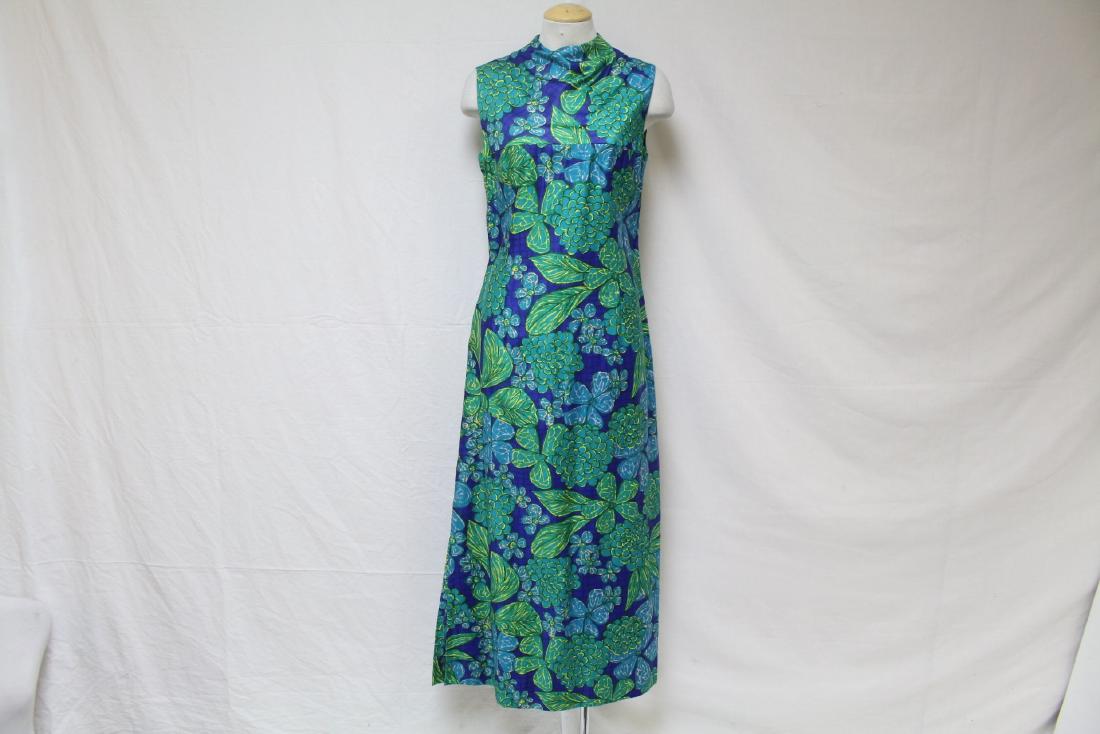 Vintage 1960s Blue & Green Floral Maxi Dress: polished cotton fabric, excellent condition - 38 bust/54 length