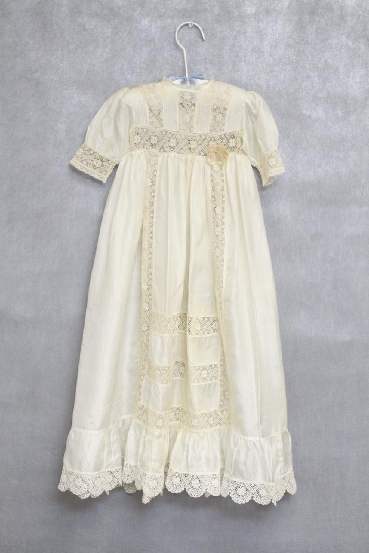 Antique Ivory Silk & Lace Baby Gown: tissue silk, lace fabrics, good condition with a few light water spots and a few tiny holes, see photos