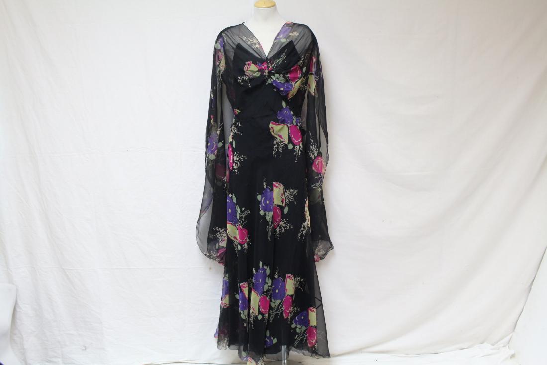 Vintage 1930s Black Floral Chiffon Gown: bias cut silk chiffon fabric, with rayon slip. Great condition 38 bust (slip)/62 length