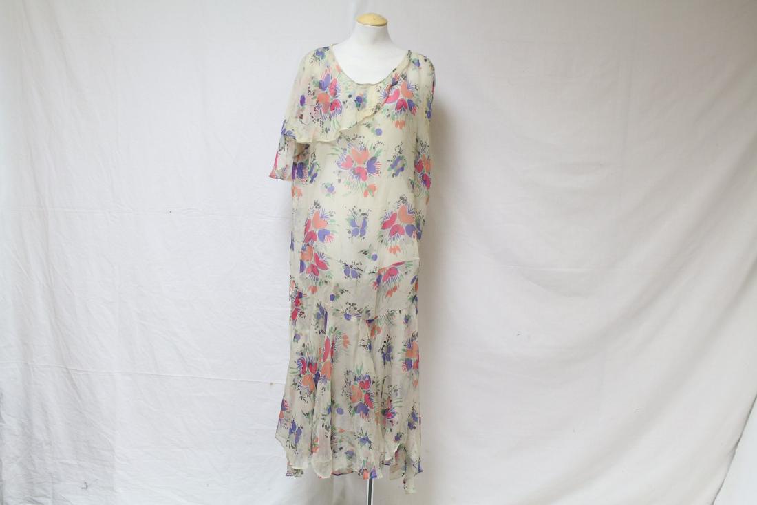 Vintage 1920s Floral Chiffon Dress: tissue chiffon fabric, good/fair condition - light spotting below the neckline, a few loose and open seams on the skirt and one on the neckline, see photos. 46 bust/46 waist/48 length