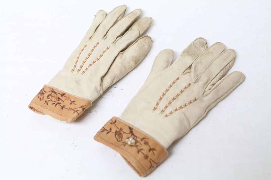 Vintage Children's Leather Gloves: leather material, good condition - faux pearls missing from one glove, see photo.