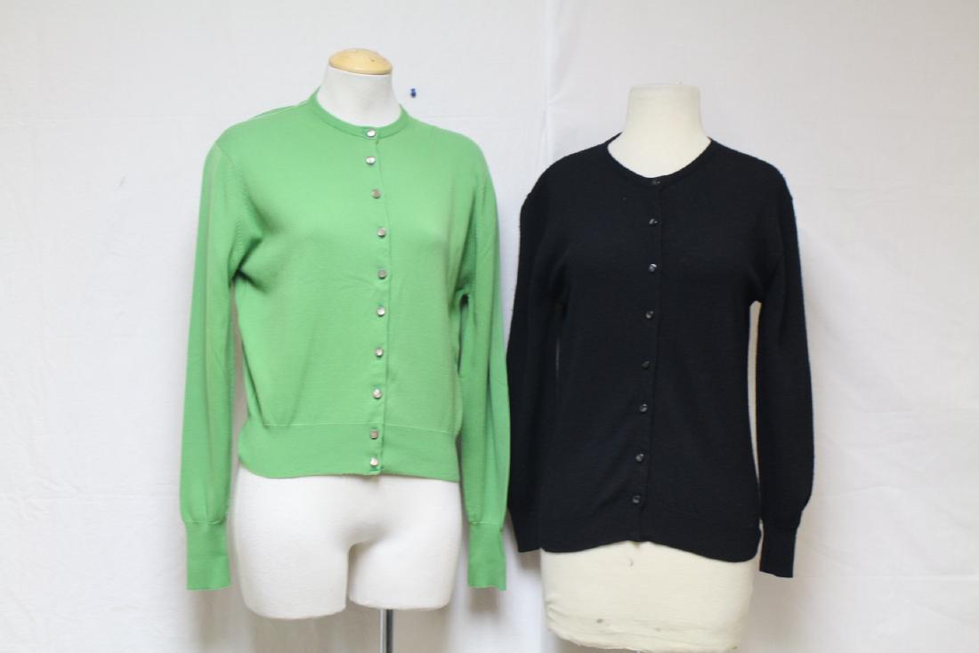 Vintage 1960s Lot of Cardigans: green acrylic knit, black wool knit fabrics, - great condition - 40 bust/22 length on each