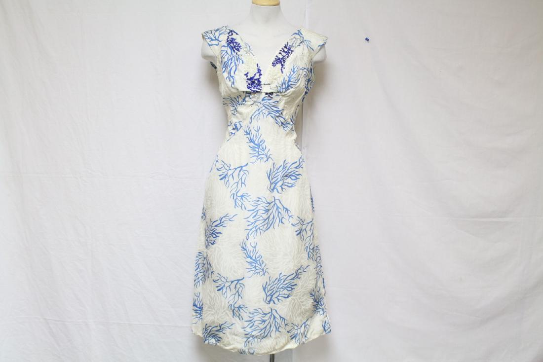 Vintage 1960s Blue & White Sequined Silk Dress: silk fabric, fully lined, great condition with minor wear. 38 bust/28 waist