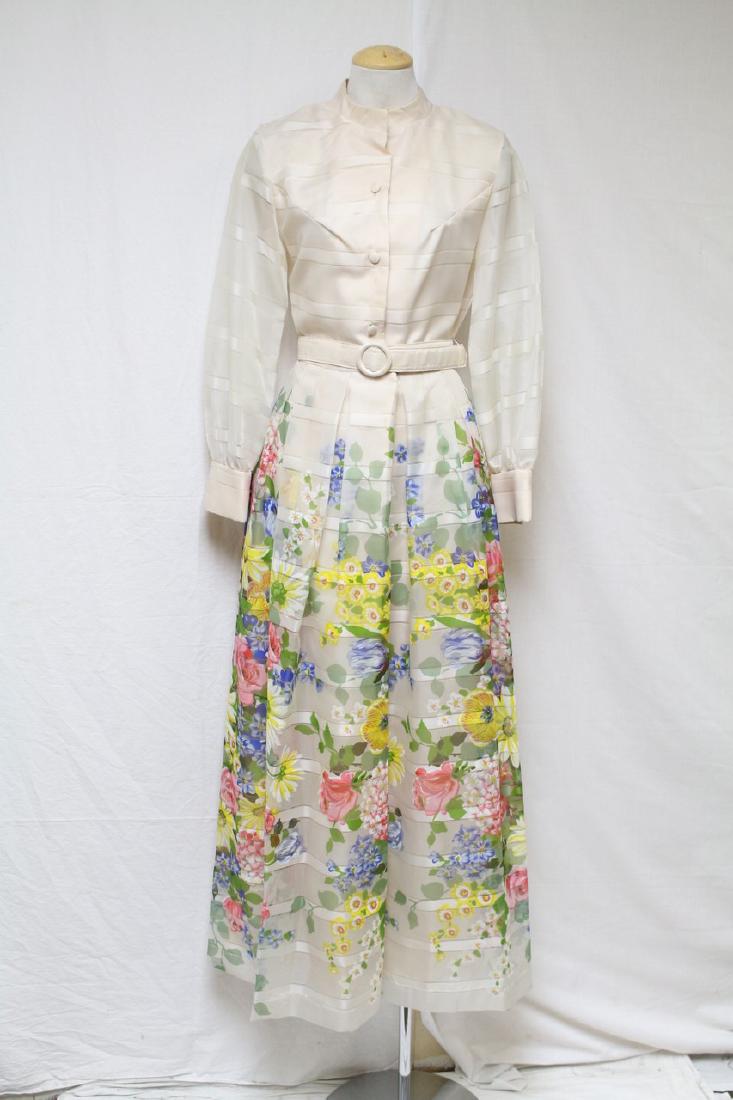 Vintage 1970s Ivory Floral Chiffon Gownn: nylon chiffon fabric, good/fair condition with several very light spots, and a few pulls to the chiffon - see photos, 38 bust/28 waist