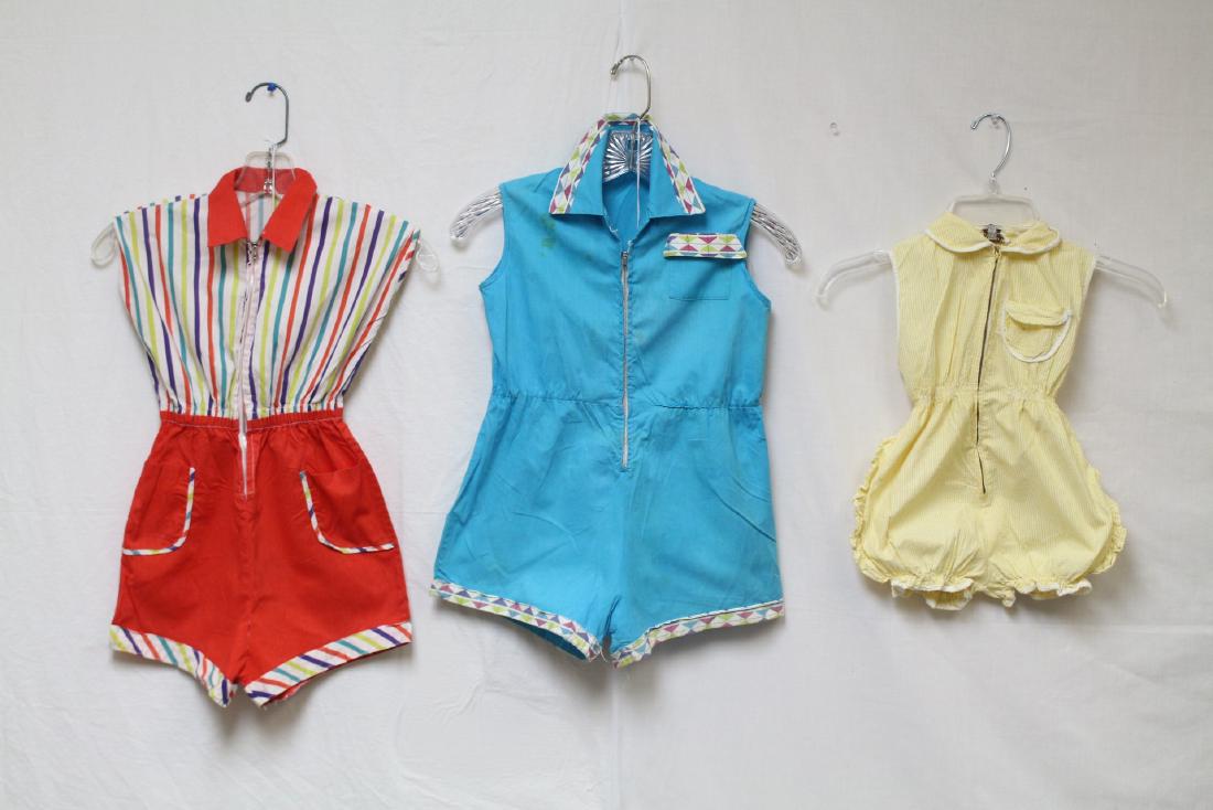 Vintage 1950s Lot of Kids Colorful Rompers: cotton fabrics, good to fair condition. The blue romper has some light spotting, see photos. Rompers measure 24" and 18" length