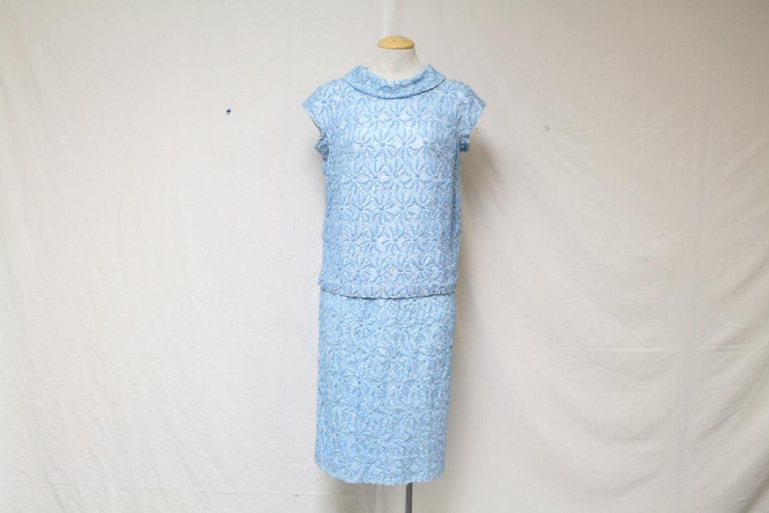 Vintage 1960s Light Blue Beaded & Sequined Dress Set: heavily beaded & sequined lace with rayon lining, good condition with a few very small/light marks on the top, see photos, 26 waist/36-37 bust