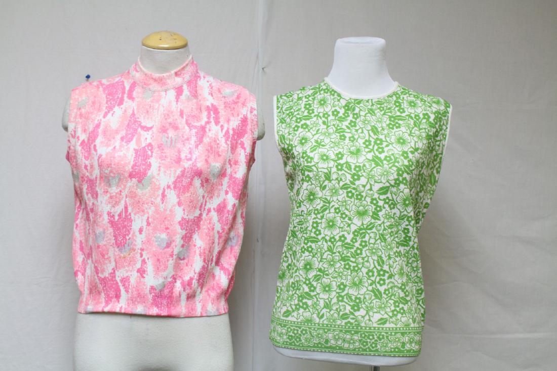 Vintage 1960s Lot of Pastel Floral Tops: nylon knit fabric, good to great condition - pink top has a few tiny light spots, need cleaning, see photo. 38 bust/18 length, 36 bust/23 length