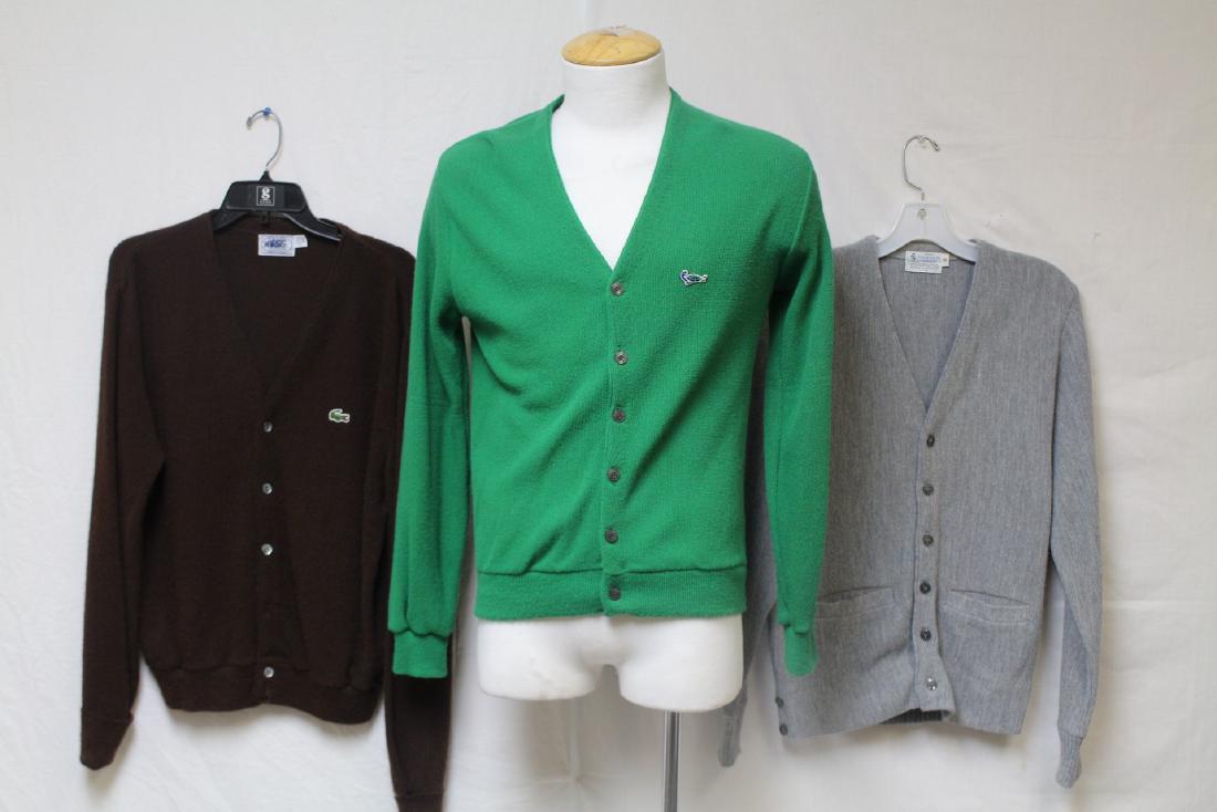 Vintage 1970s Mens Cardigan Sweater Lot - Some Lacoste: acrylic knit, good condition - marked sizes Small & Medium