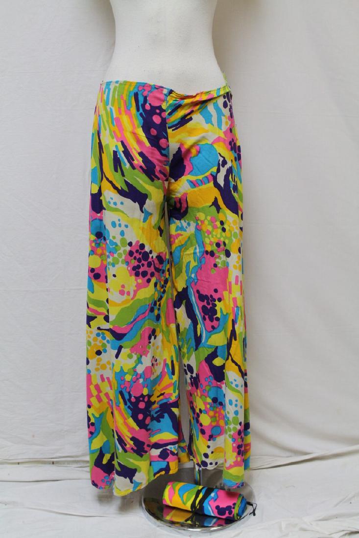 Vintage 1970's Psychedelic Abstract Print Pallazzo: Handmade palazzo pants, have some spotting, some fraying on hem see photos, white background with pink teal yellow orange purple green, in average condition, approx waist 31", hips 38"