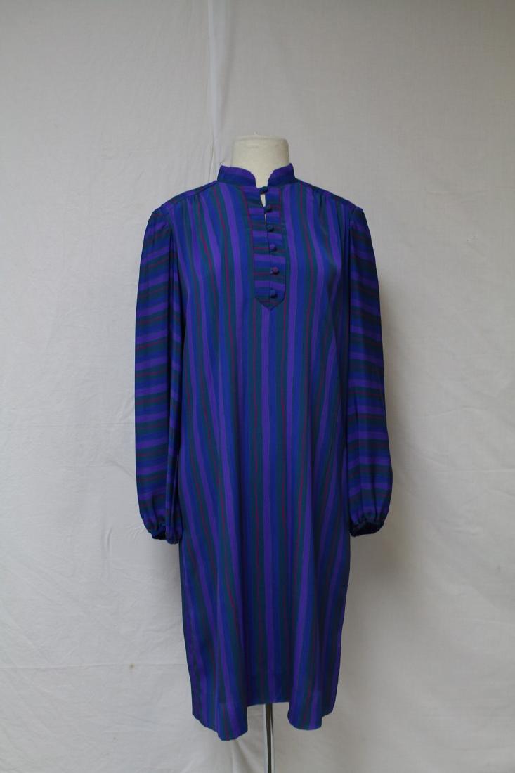 Vintage Nat Kaplair Couture Stripe Dress: purple blue green stripe button front mandarin collar, synthetic material, in excekkent condition, approx. bust 44" waist 42"