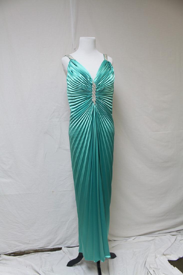 Vintage Nicole Bakti Pleated Satin Gown: triacetate poly blend accordion pleated green satin gown, built in bra, in good condition size XL, approx. bust 40" waist 30"