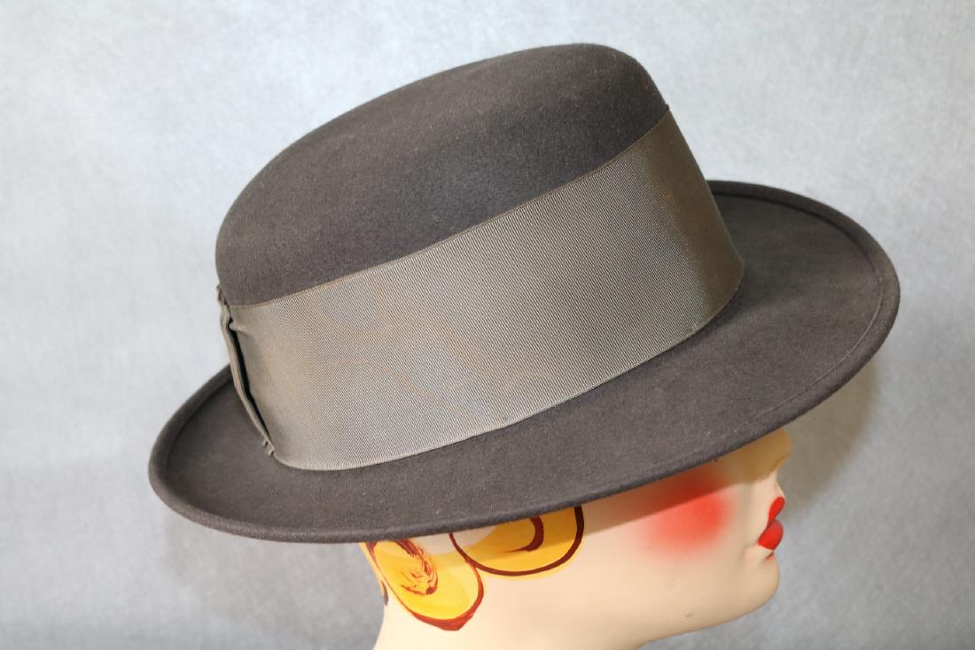 Vintage Mallory Mens Bowler: Mens dark grey bowler by Mallory of NY, labeled sz 7 with wide grey ribbon detail, ribbon discolored, see photos