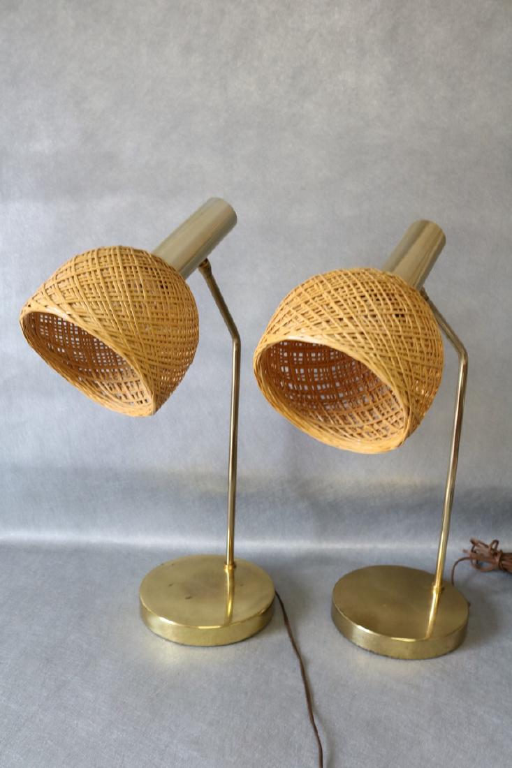 Pair Mid-Century Table Lamps with Wicker Shades: Robert Sonneman (no marking) table lamps brass reticulated adjustable arms, with wicker shades, see photo's for dark spots on one base, approx. 24 inches tall