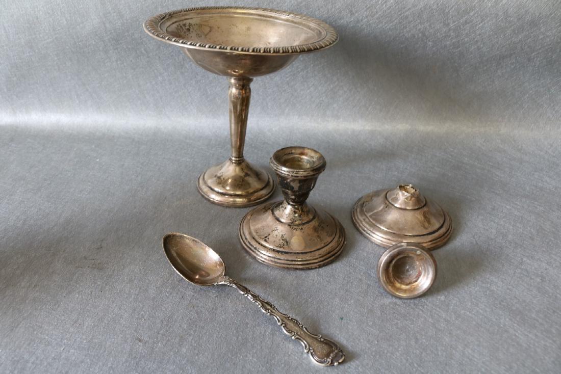 Sterling Silver Lot: spoon, weighted compote and pair of candle holders one broken