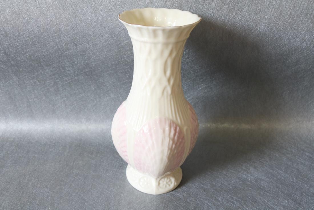 Vintage Belleek Shell Vase: brown mark, pink shells, approx. 7 1/5 inches tall