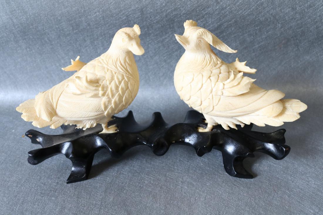 Antique Asian Carved Bone Birds on wood Stand: Great condition, Hand Carved, old piece, approx. 5 1/2 inches tall, approx. 10 inches long