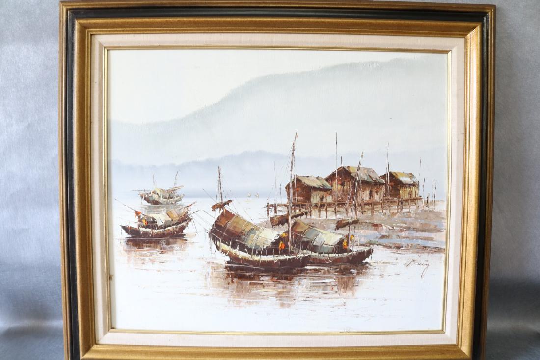 P. Wong, Oil on Canvas, Asian Seascape: Asian Boats and dock, nicely framed, some crazing, see photo's approx. 31 x 27 inches